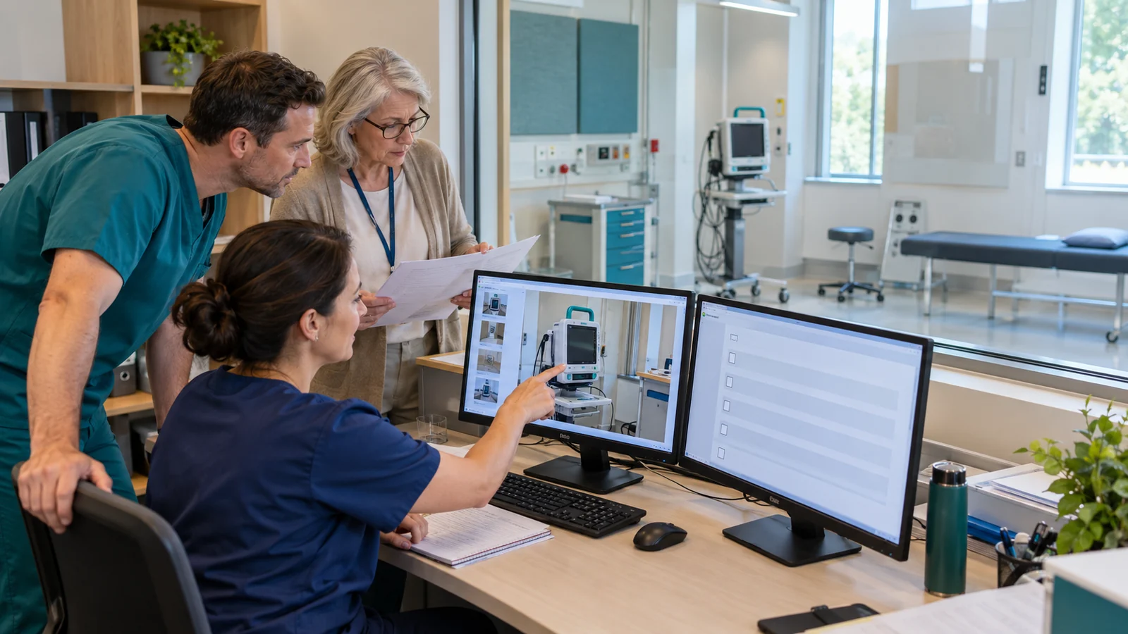 Educator team reviews a training record in a bright simulation observation room.