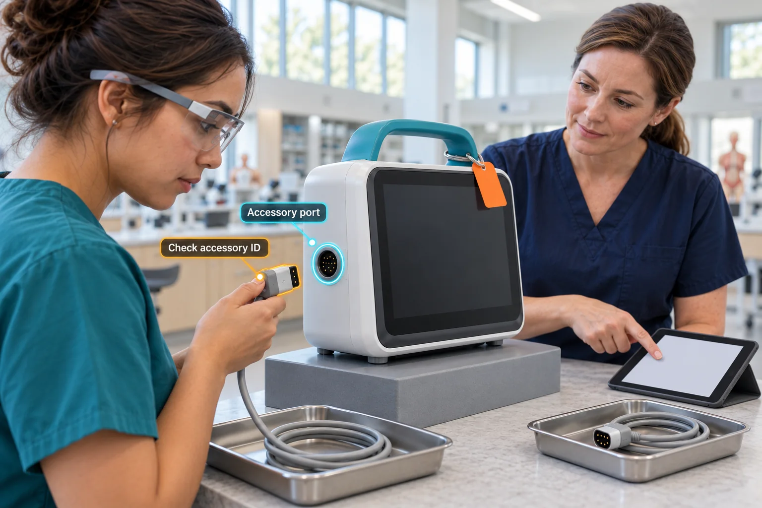 Slim AR glasses and component-linked guidance support a supervised accessory-identity check.