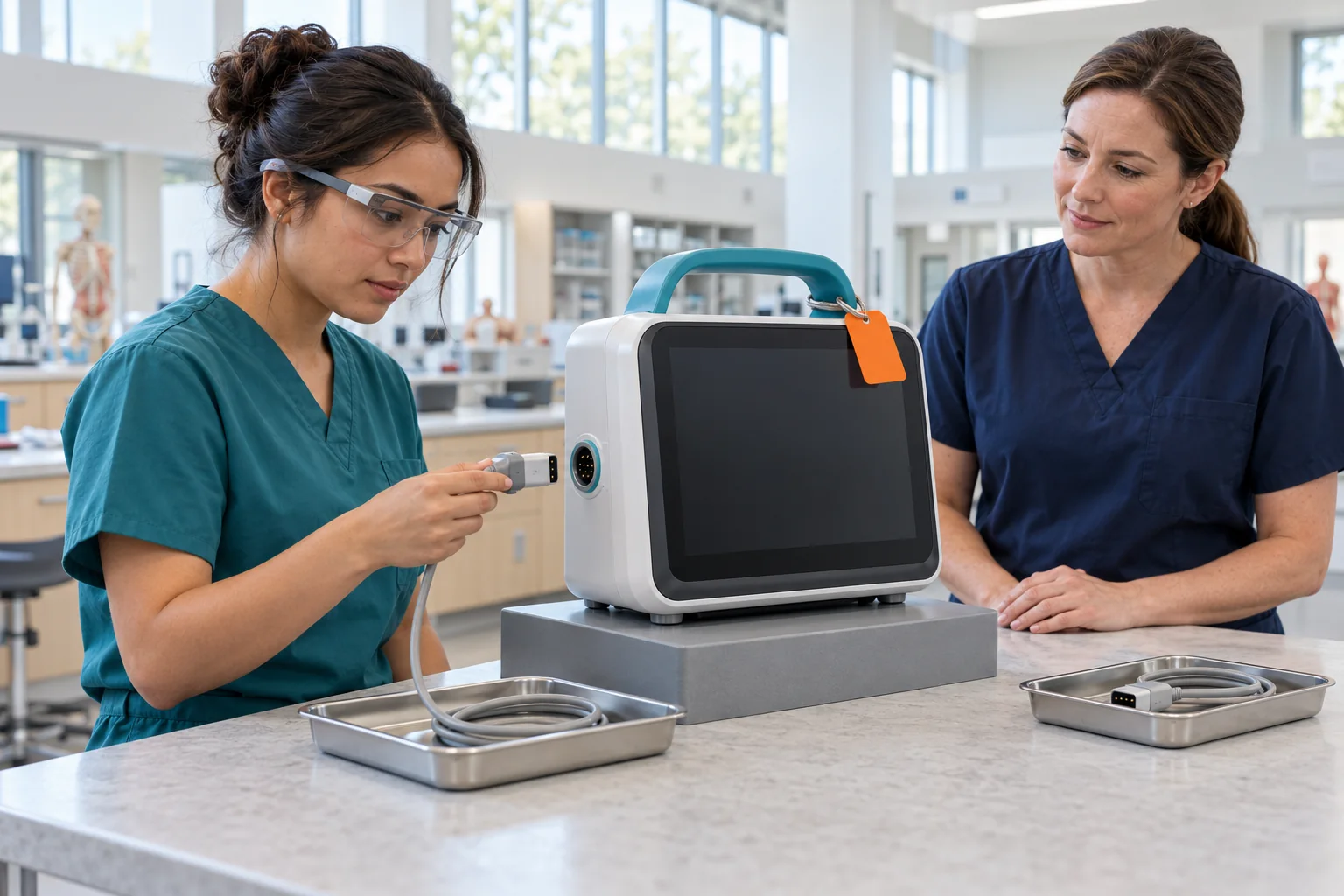 Learner checks an accessory beside educator Morgan at a held monitor training station.