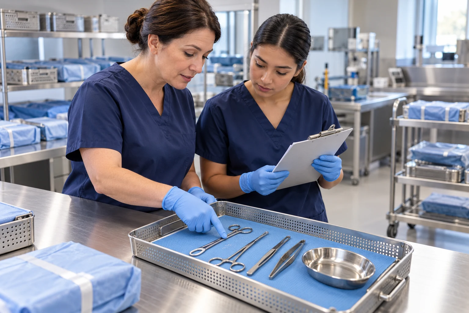 Educator points to training instruments while a trainee holds a clipboard at a nonclinical skills-lab workbench.