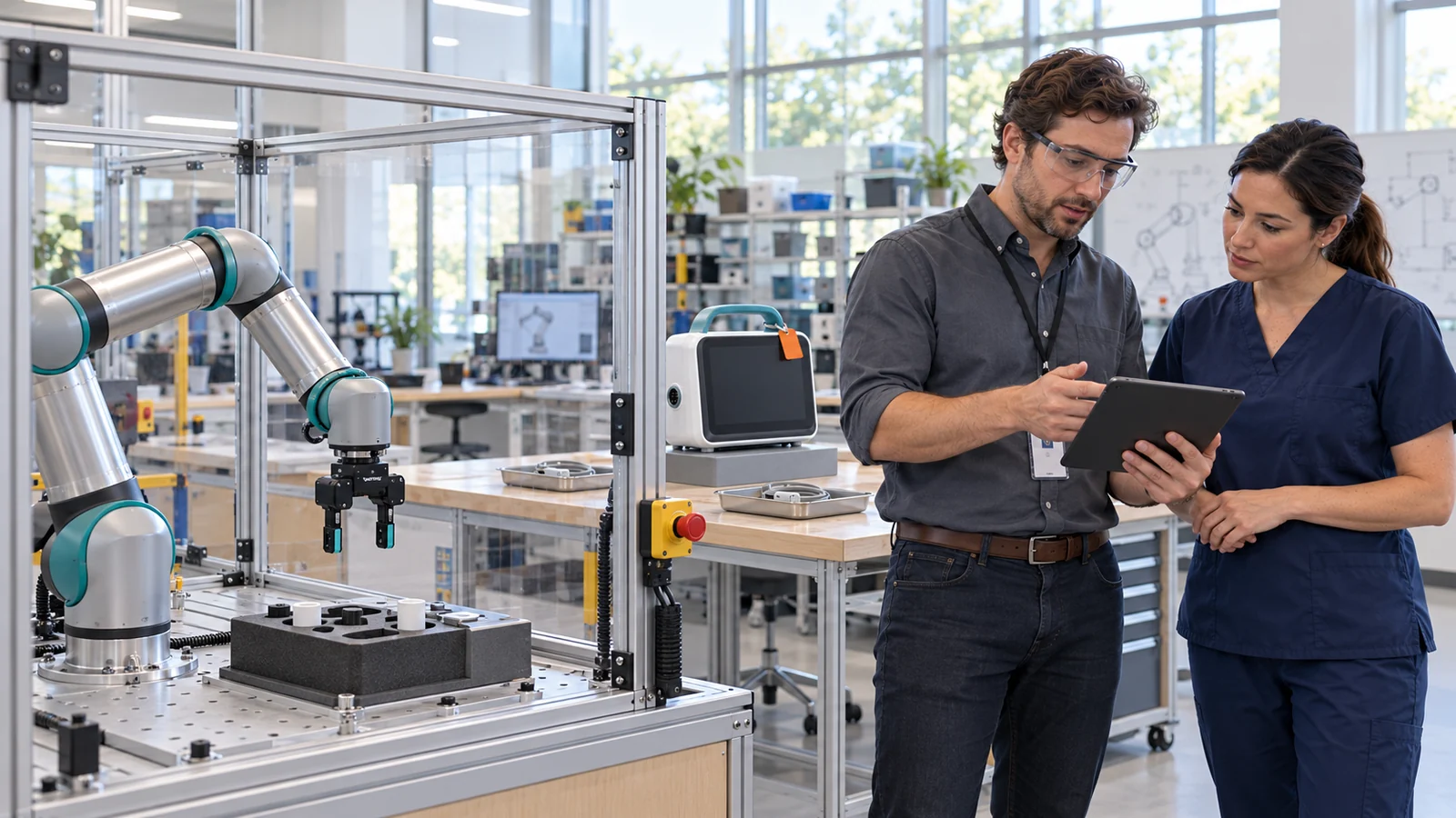 Educator and engineer discuss a stationary guarded robot workcell separate from the monitor trainer.